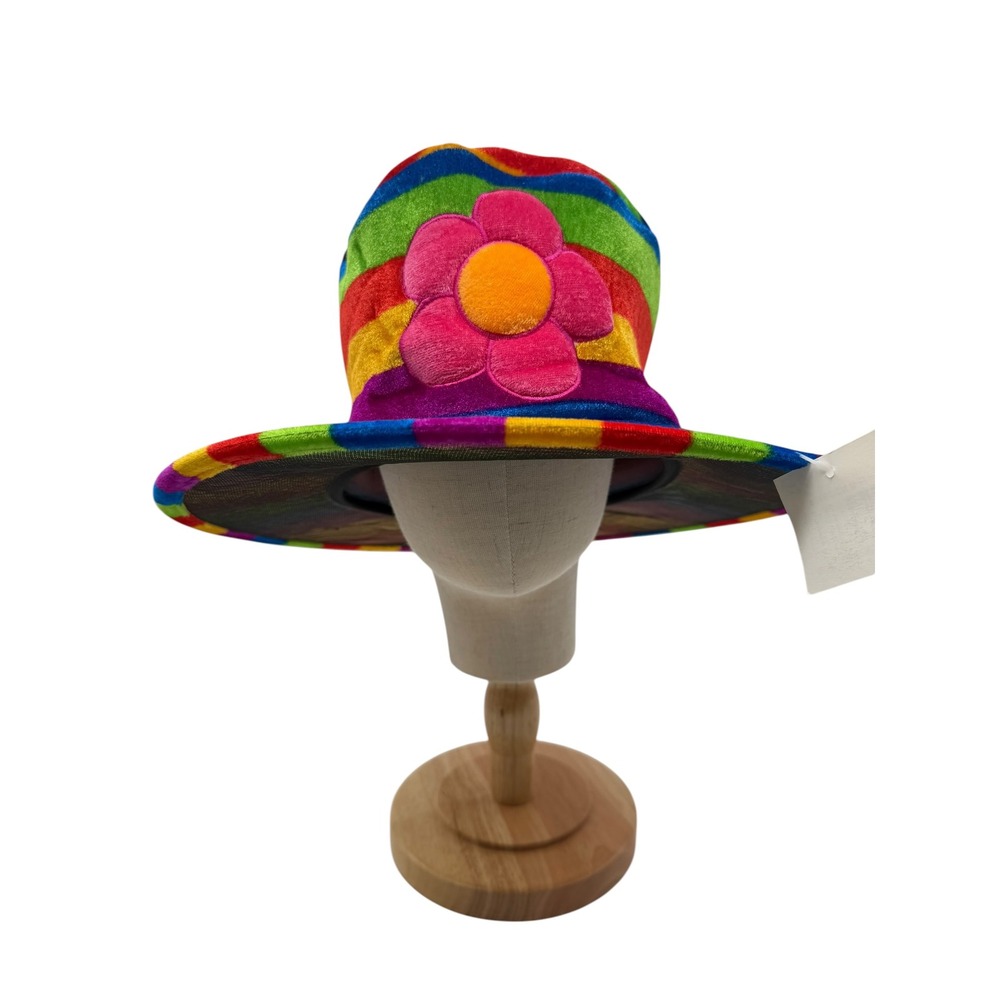 Vintage Rainbow Velvet Wide Brim Costume Hat 3D Flower Psychedelic Mod Theater